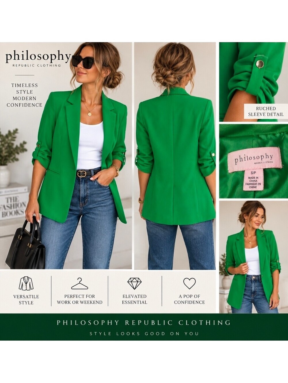 Philosophy Republic Clothing Blazer Women S Petite Kelly Green Ruched Sleeve